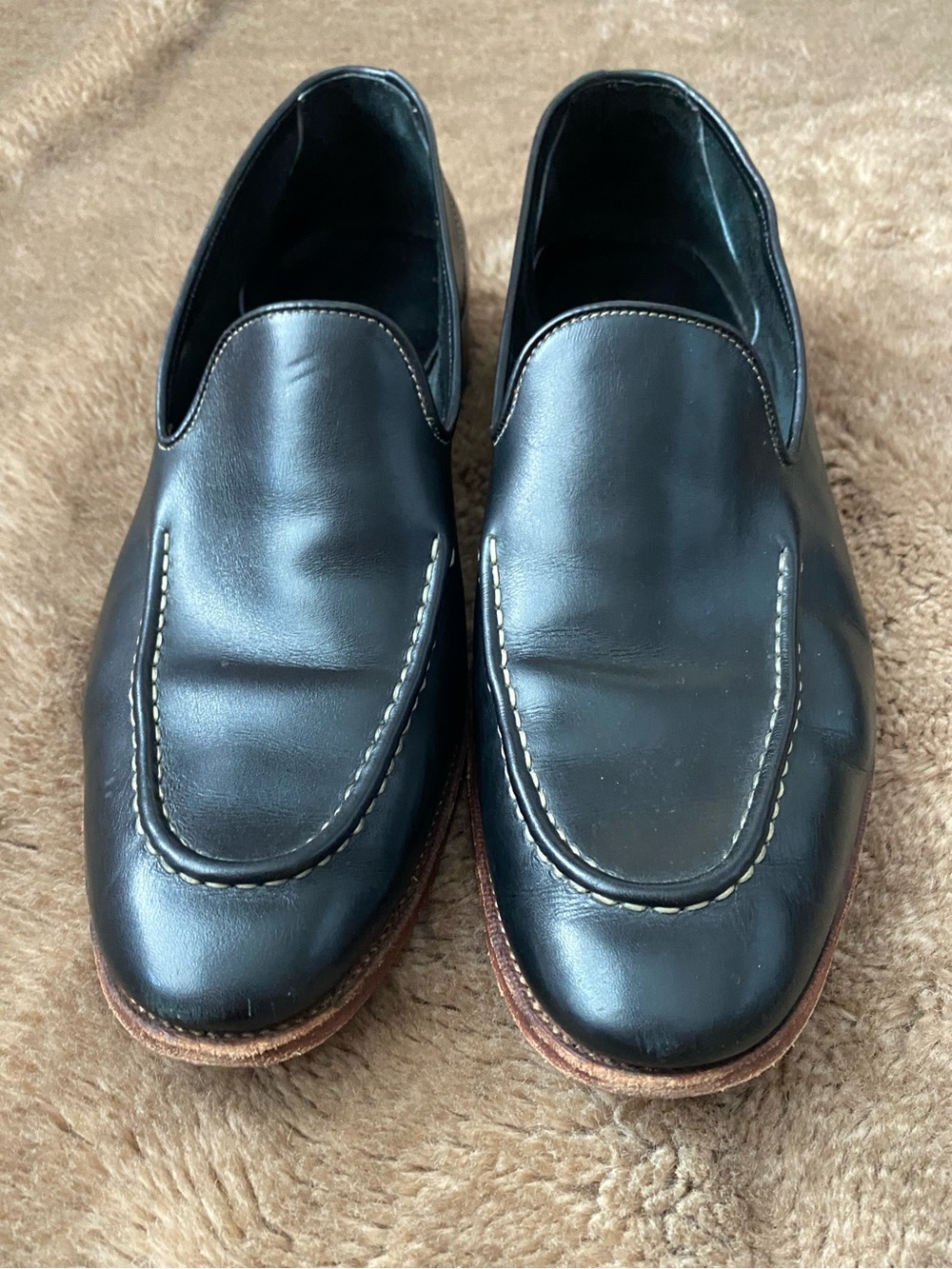 Meermin Black Leather Slip-On Moccasin Loafers with Brown Stacked Sole
